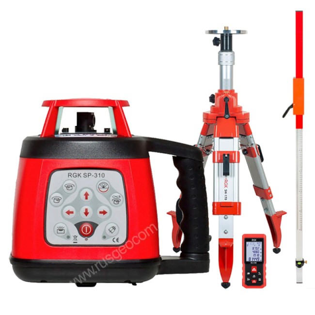Комплект: ротационный нивелир RGK SP-310 + элевационный штатив RGK SH-170 + рейка RGK LR-2 + дальномер RGK DL100
